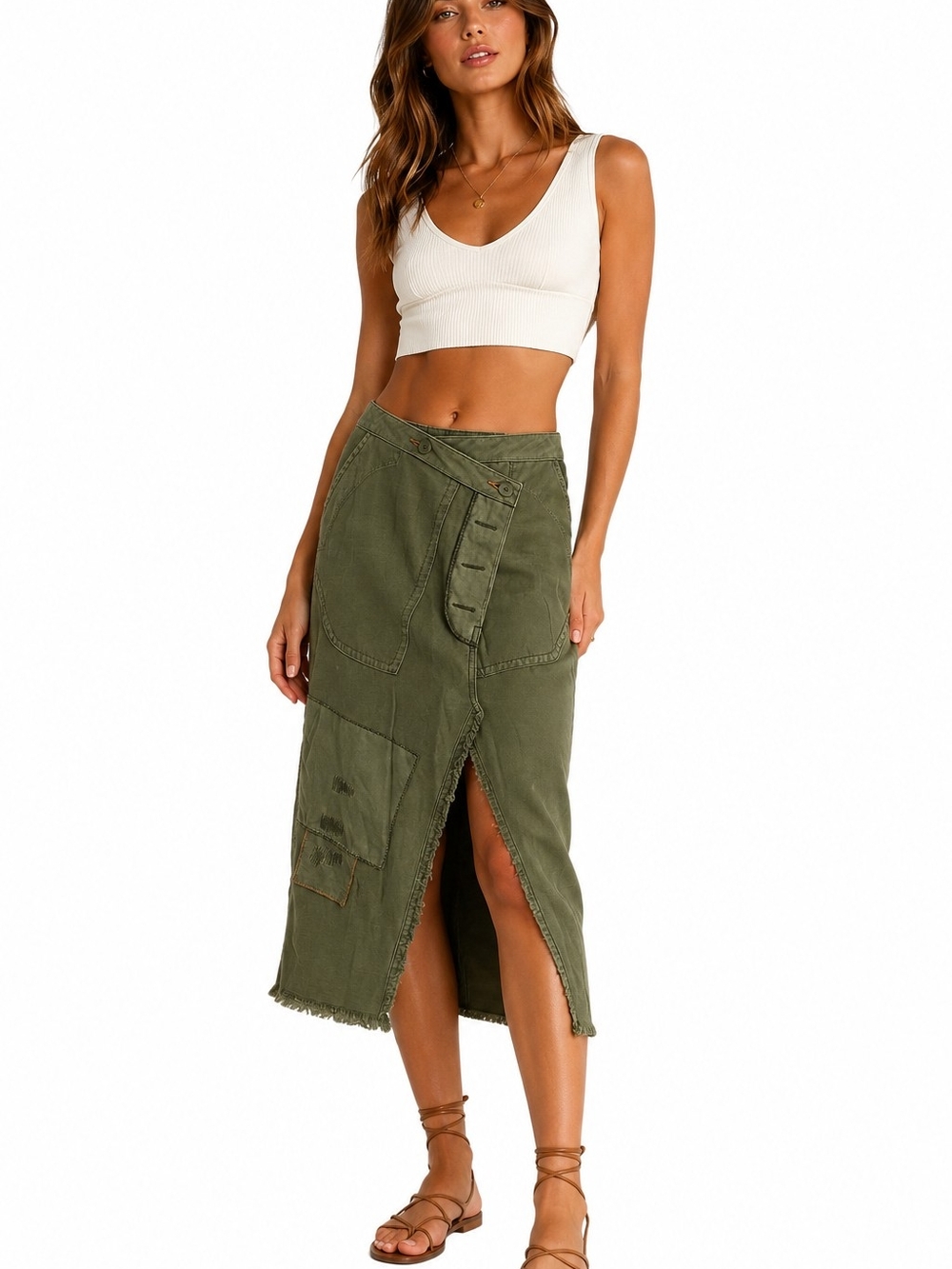 Free People Army Green Utility Wrap Midi Skirt Boho Cargo Patchwork Cotton L